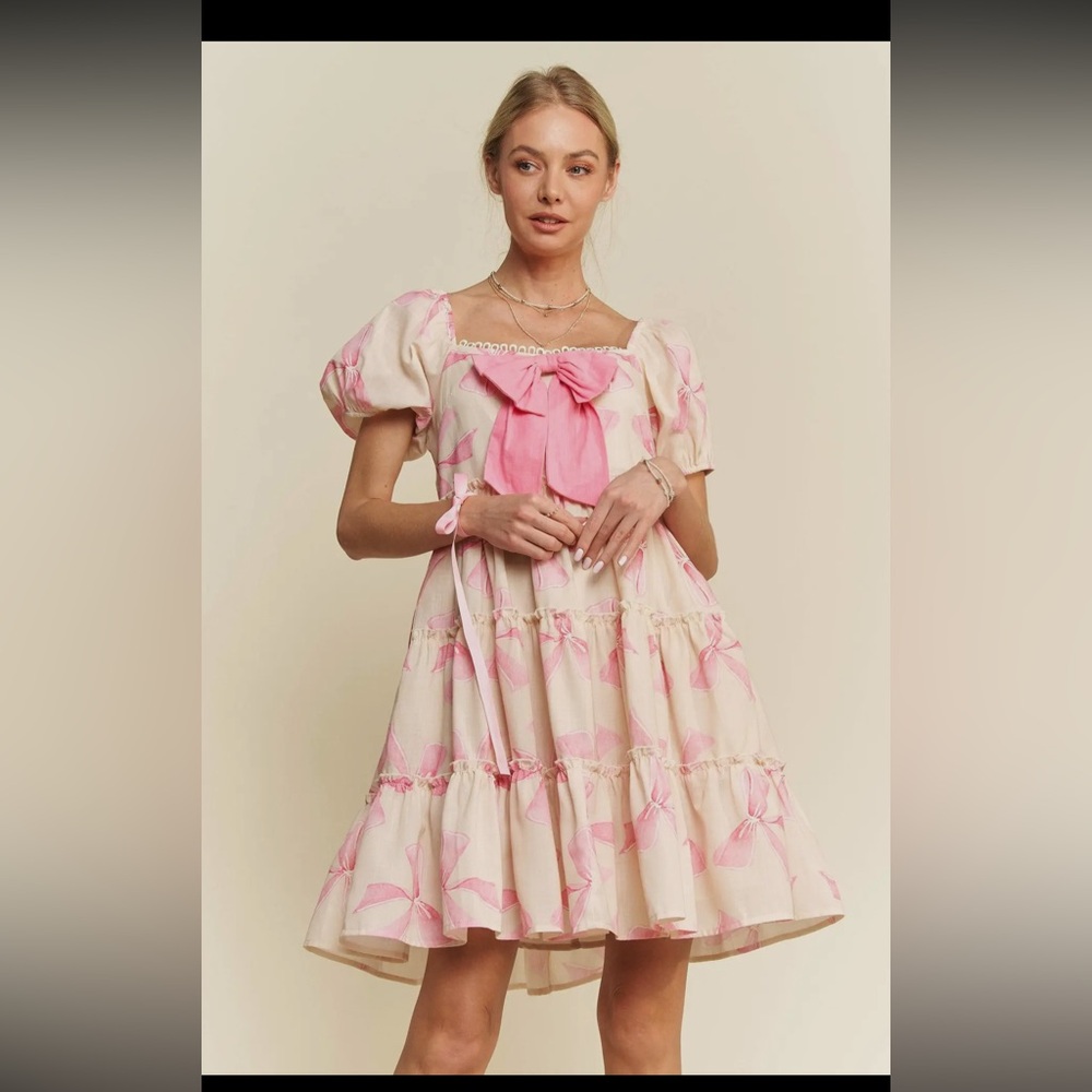 Pink Bow Puff Sleeve Dress - Picture 2 of 10